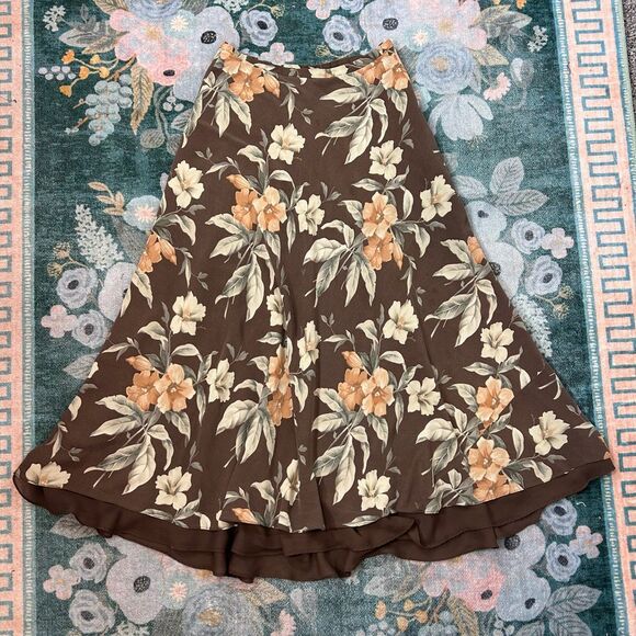 Vintage Silk Maxi A-Line Skirt Womens Sz 8 Brown cream Floral Lined Midi Flowy - Picture 11 of 16